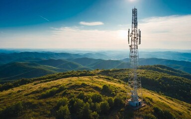 Signal tower antenna on mountain hill in rural nature. Wireless radio telecom communication frequency satellite receiver