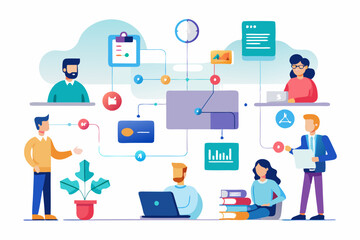 Office workflow diagram, working process, organization chart or corporate flowchart, task management, innovation working with AI artificial intelligence concept, business people on office workflow
