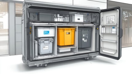 Mobile Storage Unit with Open Door and Containers