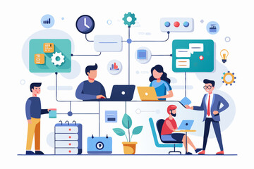 Office workflow diagram, working process, organization chart or corporate flowchart, task management, innovation working with AI artificial intelligence concept, business people on office workflow
