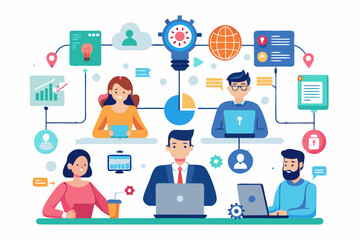 Corporate Workflow Diagram Illustrating Task Management, Organizational Structure, and Innovative AI Integration, Featuring Business Professionals in an Office Setting.