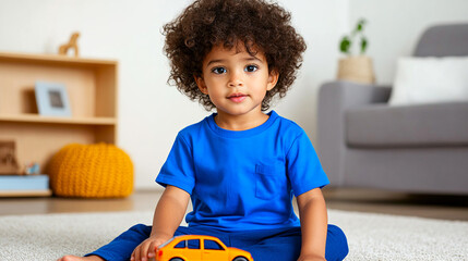 Joyful mixed race boy with curly hair in blue clothing sitting on the floor in a cozy living room, playing with an orange toy car.