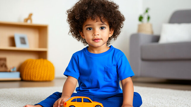 Joyful mixed race boy with curly hair in blue clothing sitting on the floor in a cozy living room, playing with an orange toy car.