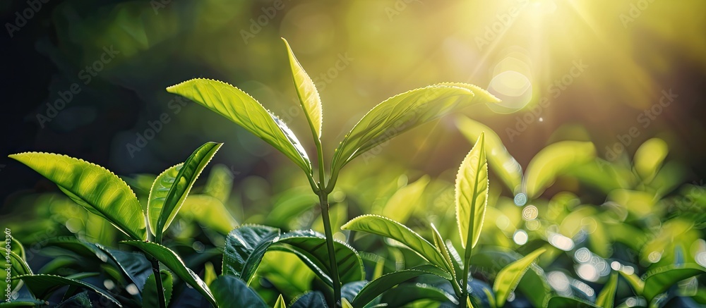 Sticker Beautiful green tea crop leaf in the morning with sunlight flares fresh sprouts on the plant design concept close up macro. Copy space image. Place for adding text and design