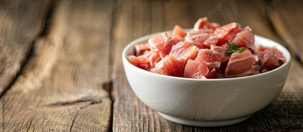 Canvas Prints canned tuna in a white bowl placed on a wooden table shallow focus. Copy space image. Place for adding text and design