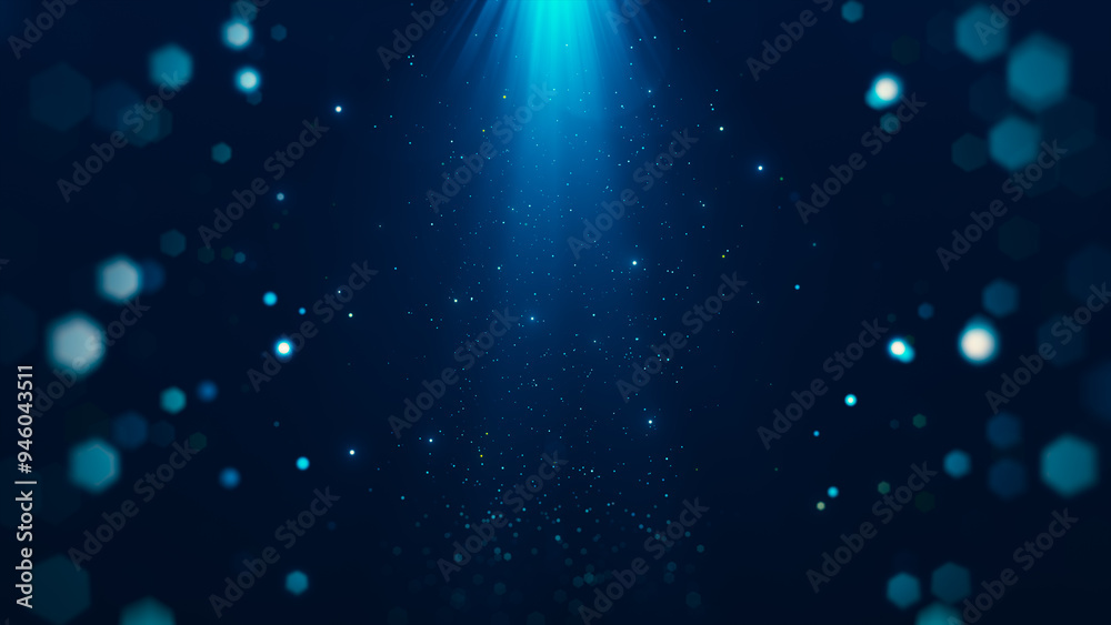Wall mural abstract particles with glowing beams from above surrounded by bokeh on dark blue background.