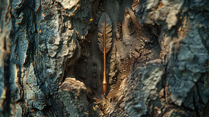 Close-up of a feather arrow being shot into the surface of a tree.