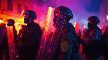 Rallying crowds hold placards demanding justice as law enforcement stands ready, using riot shields amid vibrant lights and tension during the protest. Generative AI