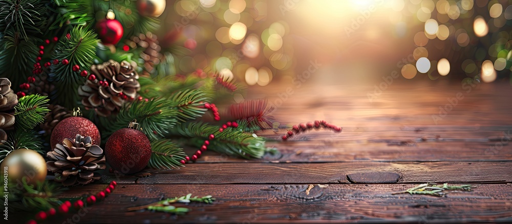 Poster Christmas Greeting Card Fir Branch and Decorations on a Plank Christmas Fir Tree on a Wooden Background with Text Copy Space