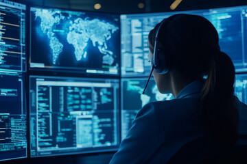 A cybersecurity expert with a headset, scanning multiple digital screens showing real-time threat alerts and network vulnerabilities in a command center