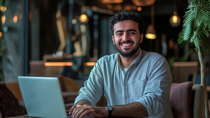 Fototapeta premium Taking Break. Smiling young Arab man relaxing on chair sitting at table and resting, using pc laptop, happy millennial male leaning back at workplace. copy space for text.