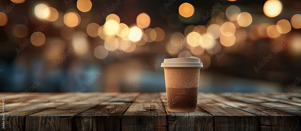 Poster empty cup on a wooden table with a blurred background. copy space image. place for adding text and d