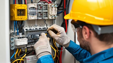 Electrician fixing industrial electrical panel with safety glasses reflecting bright lights