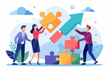Merger and Acquisitions, partnership or work together, success puzzle, growth solution or cooperation, support or progress challenge concept, business people push arrow jigsaw to join to success.

