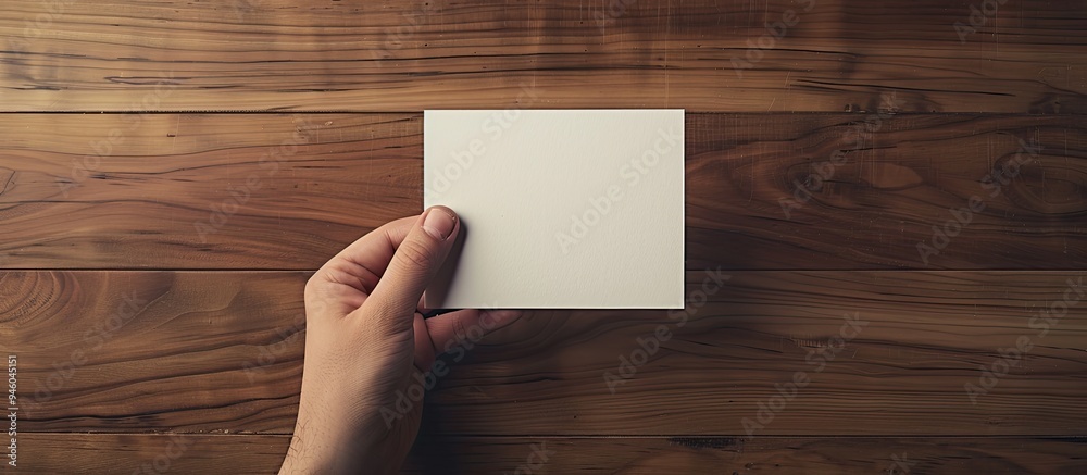 Poster hand rotating note paper on a wooden table. copy space image. place for adding text and design