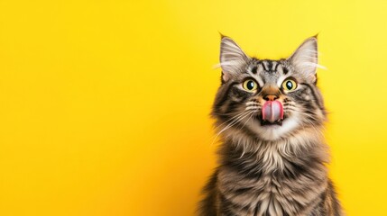 Obraz premium Close up of a Cat licking itself after eating and looking at the camera on a yellow background. Ai generated image