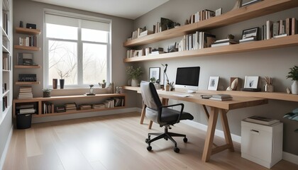 A modern home office with a large wooden desk, a comfortable office chair, and built-in shelves displaying books and decor.