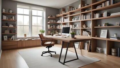 A modern home office with a large wooden desk, a comfortable office chair, and built-in shelves displaying books and decor.