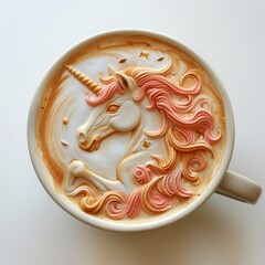 Whimsical Unicorn Latte Art in a Cup - Top View on White Background