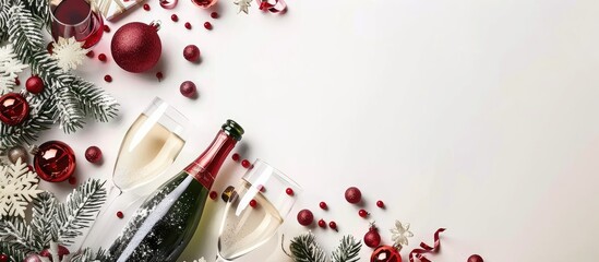 Christmas table arrangement featuring red decorations wine glasses and champagne against a white background Top view Copy space Festive dinner for Xmas