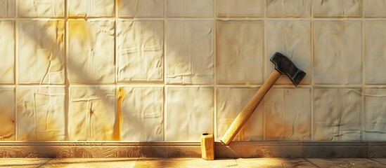 A hammer for driving nails and a wood chisel are positioned next to the newly tiled area. Copy space image. Place for adding text and design