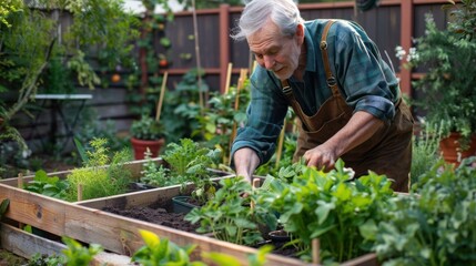 Fototapeta premium An older adult gardening in a raised bed pulling weeds and adding fresh soil to the garden