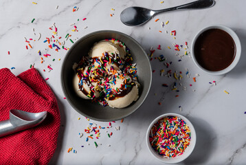 Vanilla Ice Cream in Bowl on Marble Countertop