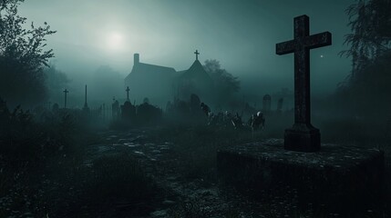 A Hauntingly Beautiful Graveyard Shrouded in Fog and Mystery