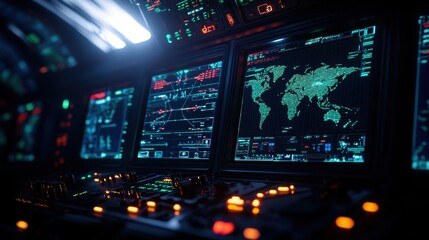 Futuristic control panel showcasing data visualization and global maps, perfect for tech and science projects.