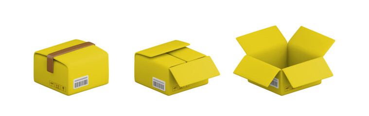 Vector cartoon 3d closed and opened yellow carton box set. Cute realistic package isolated on white background. 3d render cardboard box with cargo packaging symbols for infographic, delivery app, web.