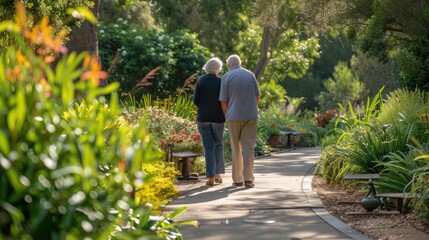 Obraz premium An older adult walking with a friend on a paved path in a botanical garden discussing the various plants and flowers they encounter