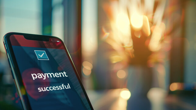 Smartphone Displaying "Payment Successful" Message with Sunlight Streaming Through Window in Background.