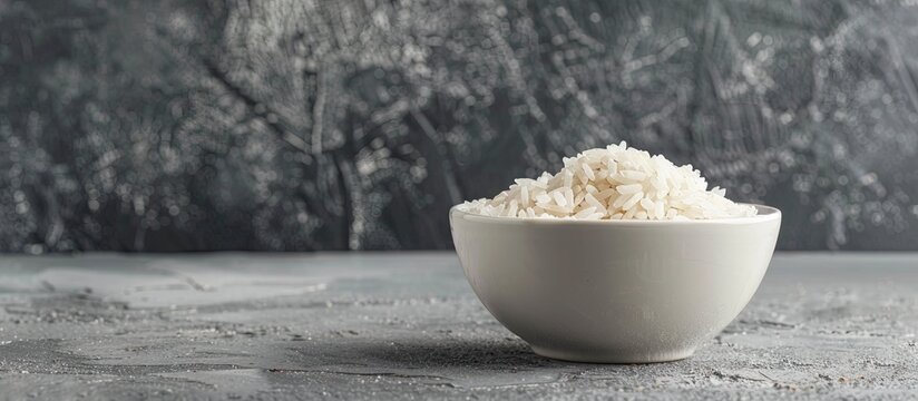 Banner White milled long grain rice in a white bowl on a gray backdrop Vegan food idea Rice dishes are prepared in all countries globally A favored cereal Copy space