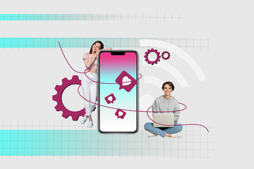 Composite photo collage of two happy girls blogger type laptop phone screen settings like notification wifi isolated on painted background