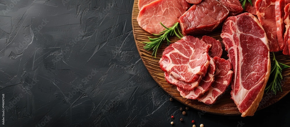 Canvas Prints Raw meat Beef and pork cuts on a wooden platter. Copy space image. Place for adding text and design