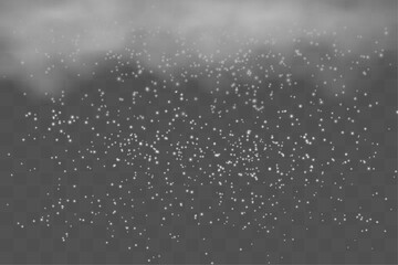 Vector falling snow overlay. Realistic shining snowfall background.  thick cloud with snow falling from it. decoration isolated on transparent with copy space. Vector illustration
