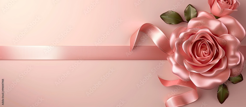 Poster decorative frame created with a satin ribbon rose the backdrop for the text top view. copy space ima