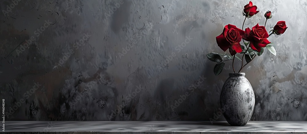 Poster red roses in a vase against a grey backdrop. copy space image. place for adding text and design