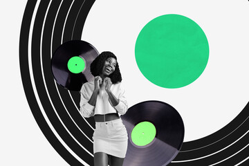 Composite photo collage of happy american girl hold headphones dance weekend retro occasion vinyl...