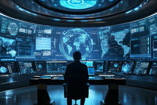 A futuristic control room filled with digital screens showing cybersecurity analytics, network maps, and threat detection systems, with a cyber expert working at a central console