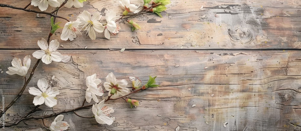 Canvas Prints Cherry blossoms and artificial flowers on a vintage wooden surface with copy space