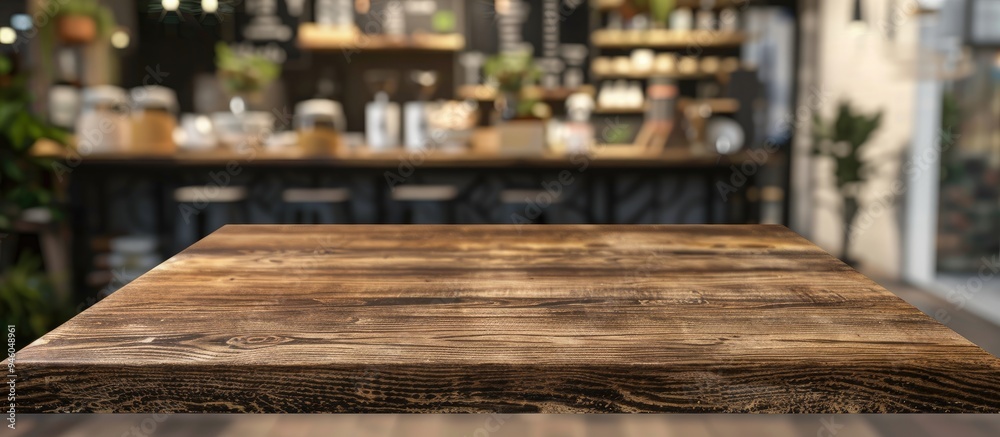 Poster selected focus on an empty brown wooden table with a blurred coffee shop background featuring bokeh 
