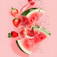 Watermelon and strawberry milk splash on salmon color background