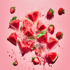 Watermelon and strawberry milk splash on salmon color background
