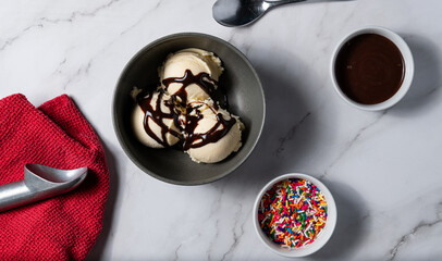 Vanilla Ice Cream in Bowl on Marble Countertop