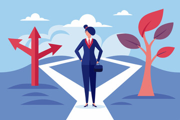 Decision choice, confusion, doubt for opportunity, challenge to choose career path, way to success or tough decision, way to solve problem concept, confused businesswoman make decision choosing path
