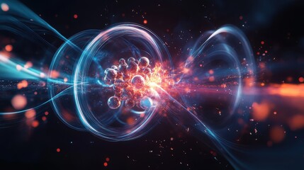 Obraz premium Graphic representation of isotopes in nuclear fission, showing particle motion and energy waves, ideal for educational content on atomic science and nuclear energy