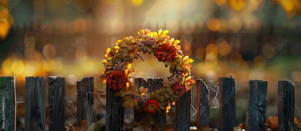 Wall mural autumn wreath on a wooden fence close up shot. copy space image. place for adding text and design