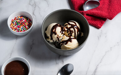 Vanilla Ice Cream in Bowl on Marble Countertop