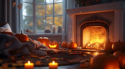 6 Autumn living room fireplace glowing embers flickering on hearth throw blanket pumpkins candles soft lighting